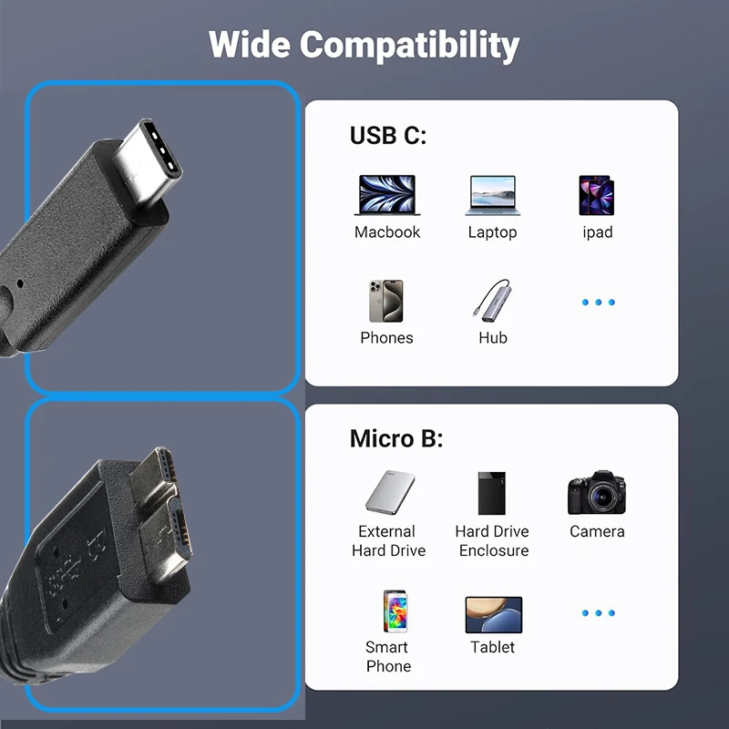 Cable USB C a Micro B 3,0 corto 5Gbps USB 3,1 USB-C a USB 3,0-Cable de sincronización de datos Micro B para disco duro HDD SSD cable WD - imagen 3