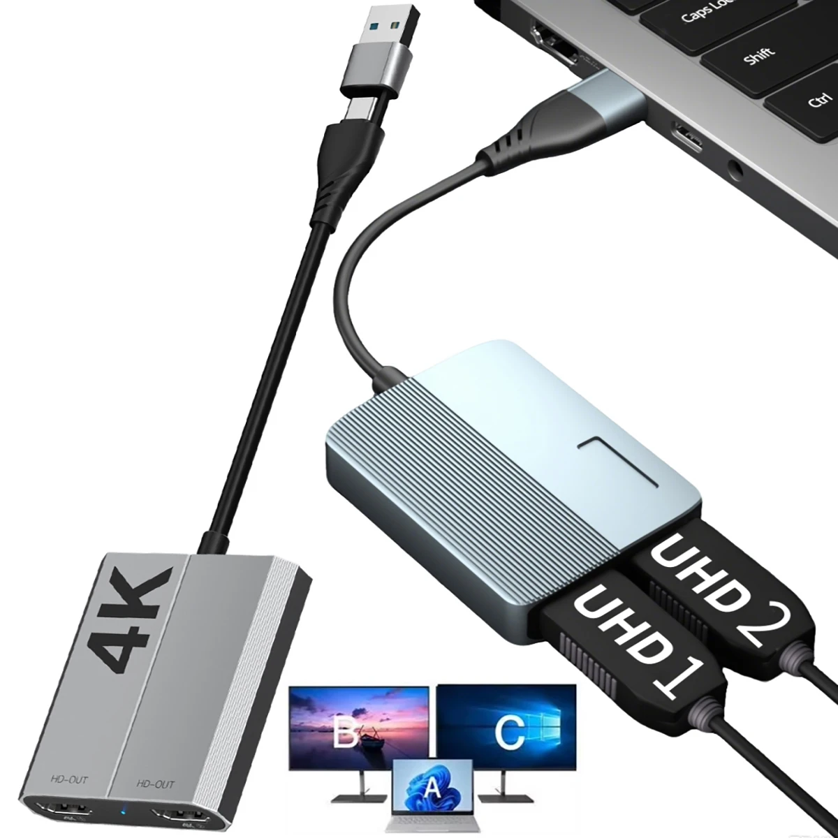 Adaptador USB tipo C a HDMI dual 4K 1080P para ordenador portátil, dos monitores extendidos, Compatible con MacOS10.15 Windows10/11 - imagen 3