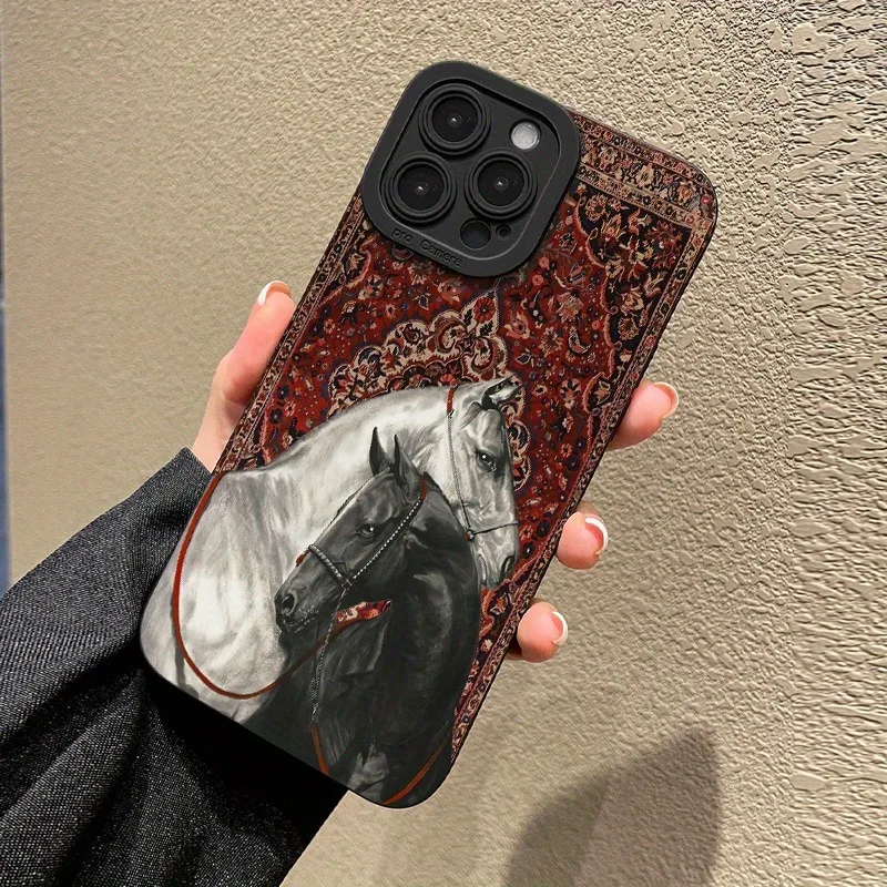 Funda de teléfono de silicona con diseño de caballo blanco y negro Vintage para iPhone 11 12 13 14 15 16 17 Pro Max XS XR X 7 8 Plus 16E Air Cover - imagen 2
