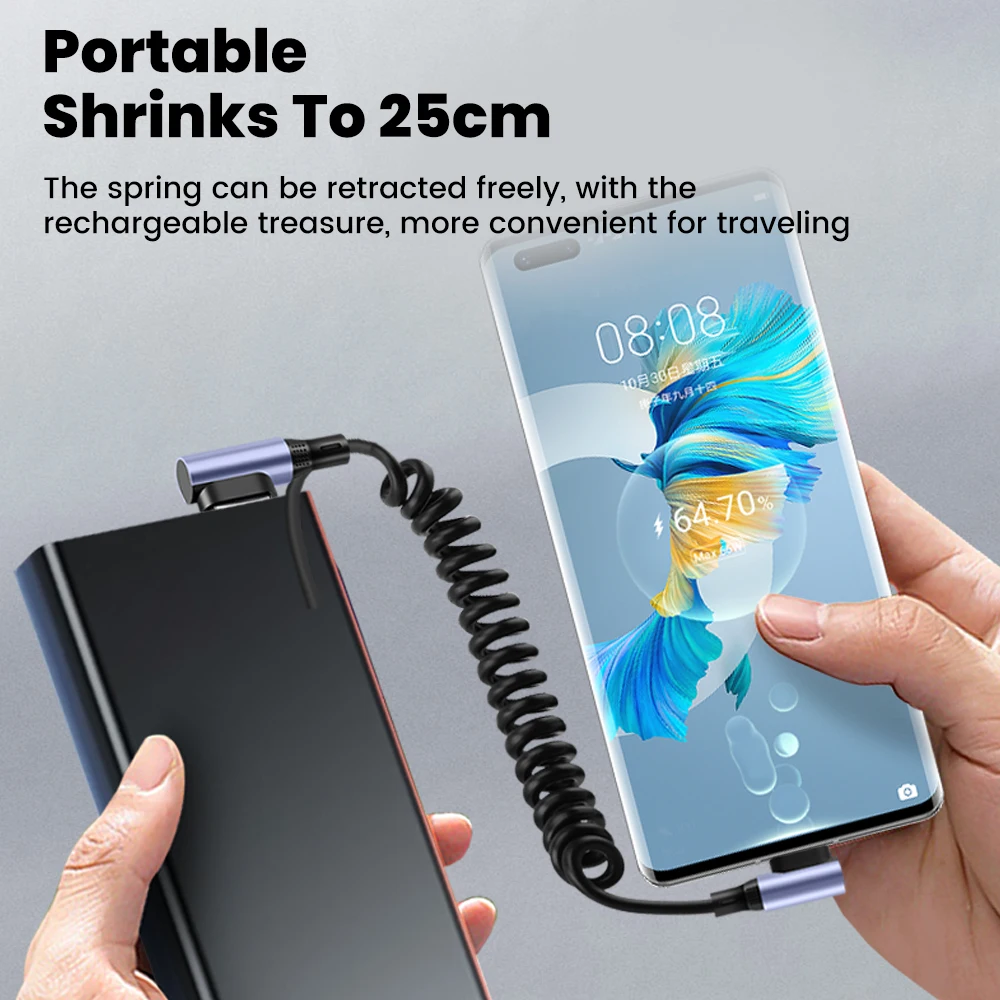 Cable de datos de resorte corto 6A 90 °   Cable de carga rápida retráctil USB A a tipo C para iPhone 15 16 Samsung Xiaomi Huawei - imagen 5