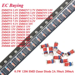 100 Uds 0,5 W 1206 SMD diodo Zener 2V 2,7 V 3V 3,3 V 3,6 V 3,9 V 4,7 V 5V 5,7 V 5,1 V 5,6 V 6,2 V 7,5 V 8,2 V 10V 12V 13V 15V 20V 24V 39V 51V