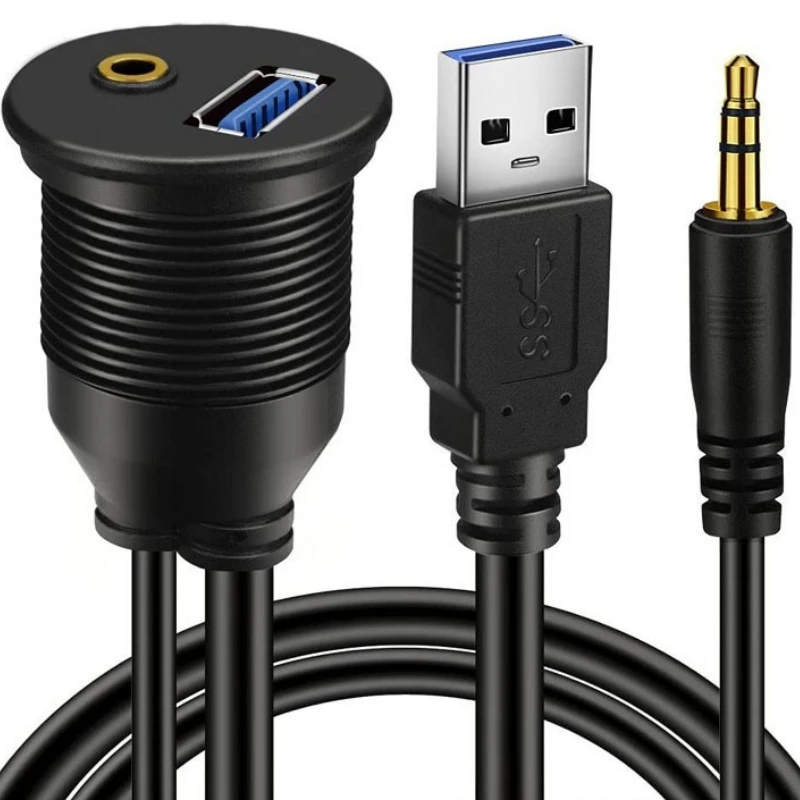 Cable de Panel de montaje empotrado para montaje en tablero, Cable impermeable para coche, barco y motocicleta, USB 3,0 y 3,5mm, 1M, 3 pies