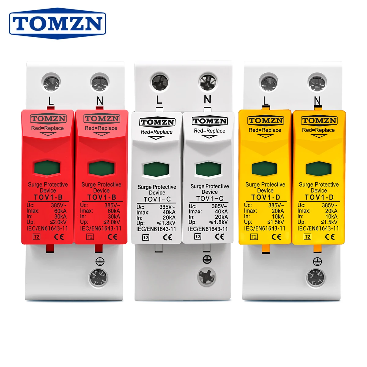 TOMZN AC SPD 1P+N 30KA~60KA D ~385V Dispositivo protector contra sobretensiones doméstico de bajo voltaje