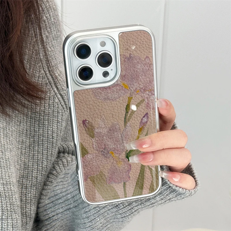 Funda de teléfono con textura de cuero de lirio púrpura Noble y elegante para iPhone11/12/13/14/15/16/17 Pro Max AIR PLUS - imagen 3