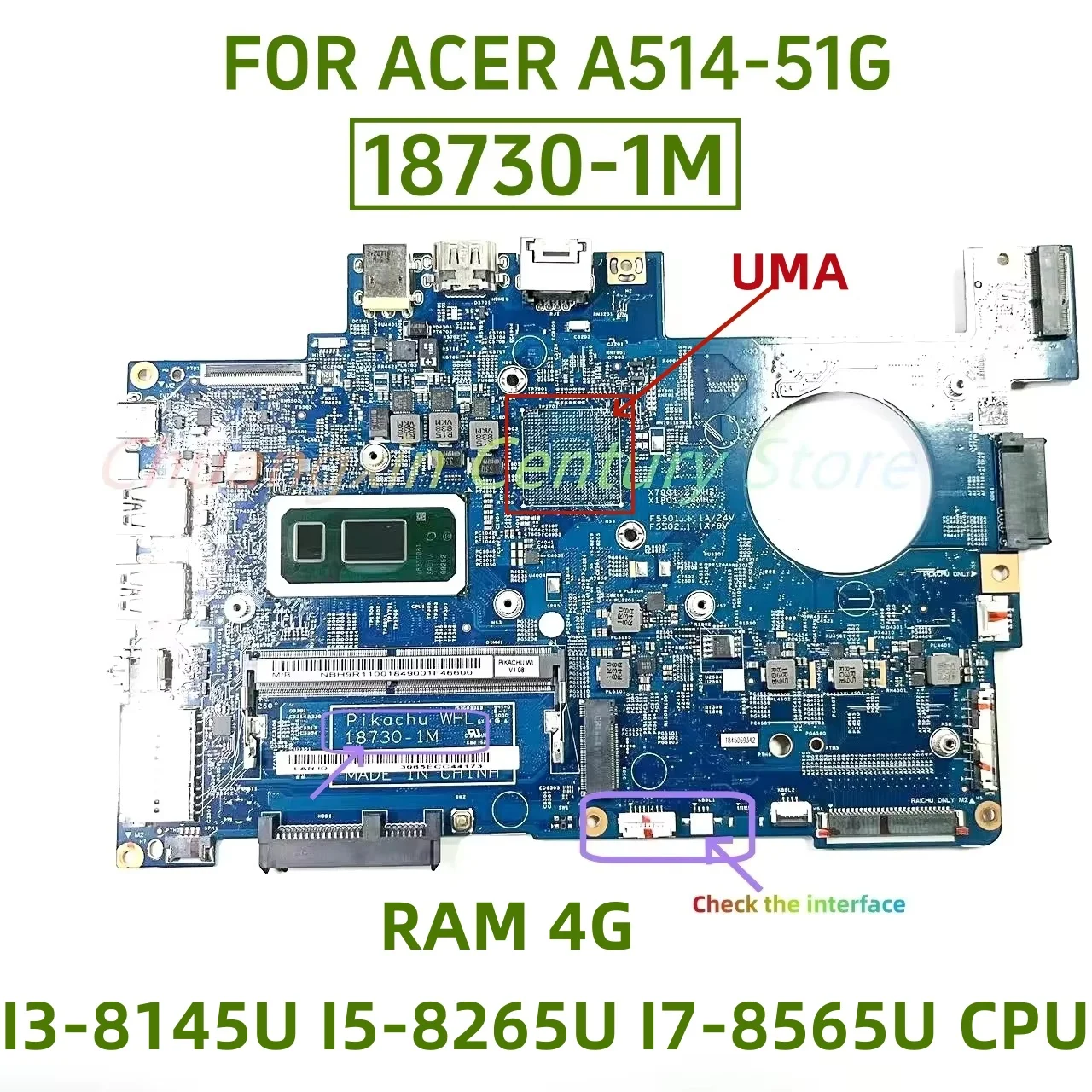 Placa base 18730-1M adecuada para portátiles ACER A514-51G con CPU I3 I5 I7-8TH UMA 4GB RAM 100% probada y enviada
