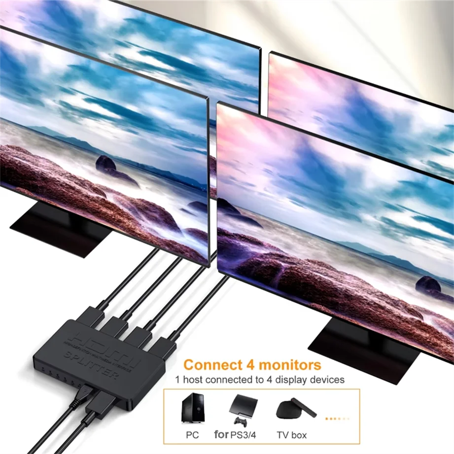 Divisor compatible con HDMI 4K 2K, 1 entrada, 4 salidas, interruptor HDTV 4x1, adaptador compatible con HDMI, conmutador de vídeo HD para Xbox, PS4, DVD, PC y portátil - imagen 4