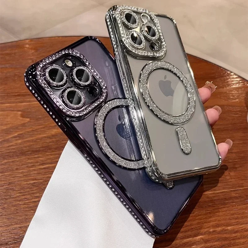 Nueva funda transparente de diamante brillante a la moda para iPhone 16 15 14 13 11 12 Pro Max 16 Plus cubierta de parachoques de carga inalámbrica magnética - imagen 3
