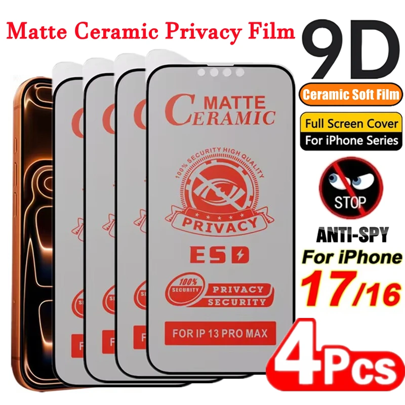 4 Uds 9D AR Antirreflejo mate privacidad película cerámica protectores de pantalla antiespía para iPhone 17 16 15 14 13 12 11 Pro Max Plus - imagen 2
