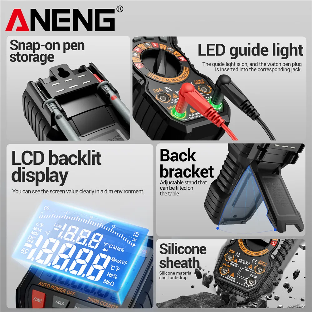 ANENG-multímetro SZ12 de 1000V, multímetro de corriente/voltaje, 20000 recuentos, 99% probador de ciclo de trabajo, 100MOhm, 20A, herramientas de inducción de 10MHz - imagen 5