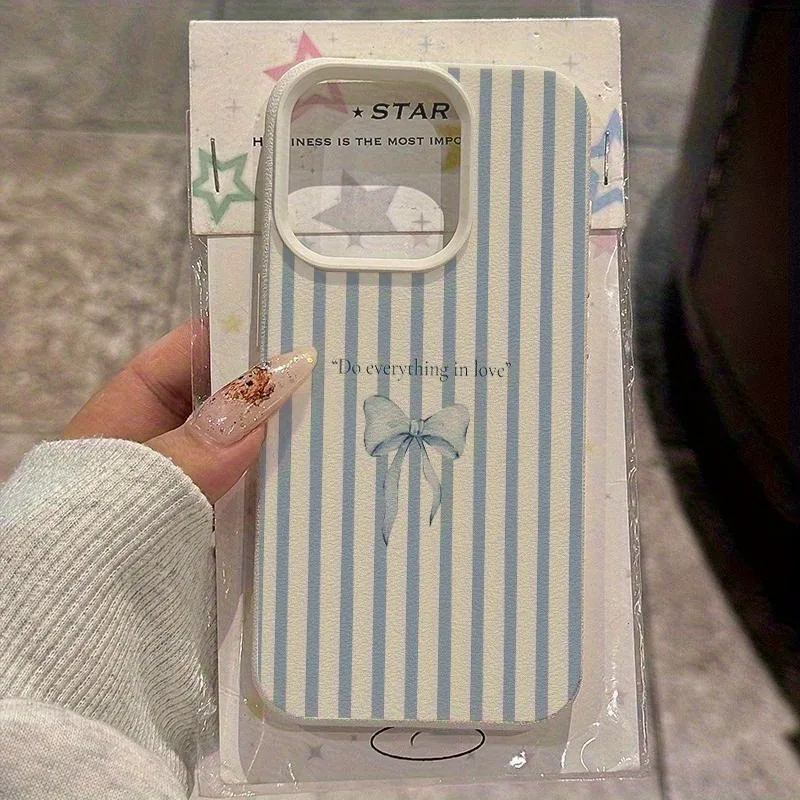 Funda de teléfono con textura de lichi y patrón de lazo a rayas azules para iPhone 17 16 15 14 Plus 11 12 13 Pro Max 17 Air cubierta a prueba de golpes