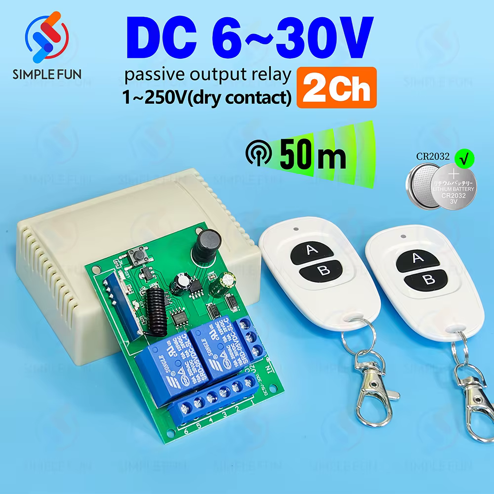 433MHz DC 6V 12V 24V 10A interruptor de Control remoto inalámbrico, módulo de relé RF de 2 canales, transmisor de 50m, para puerta de garaje/luz/Motor/DIY