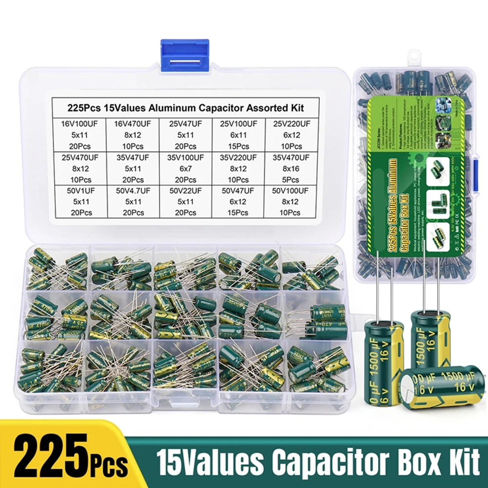 Juego de condensadores de aluminio de 15 valores, 225 Uds., Kit surtido de condensadores electrolíticos de alta frecuencia y baja ESR, 16V-50V con caja de almacenamiento