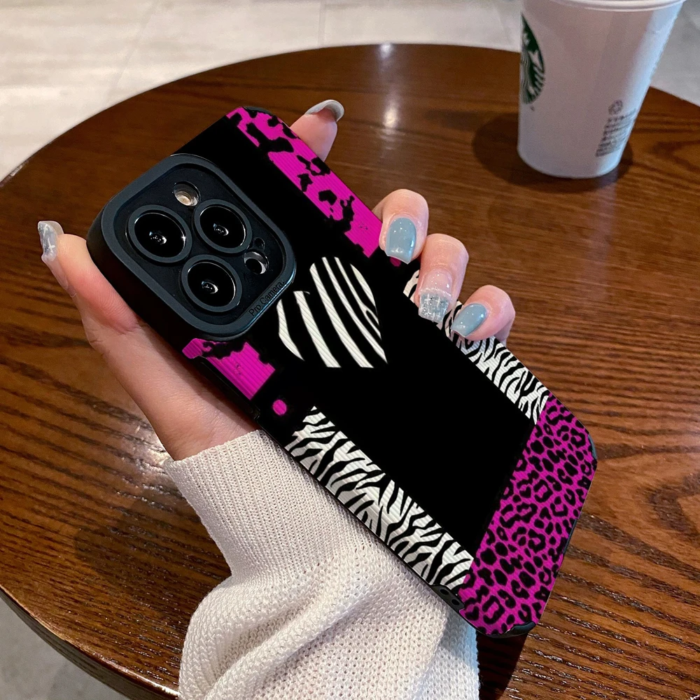 Funda de silicona con forma de corazón de amor y leopardo púrpura para iPhone 13, 11, 12, 14, 15 Pro Max Mini SE 7, 8 Plus X XS XR, cubierta completa a prueba de golpes