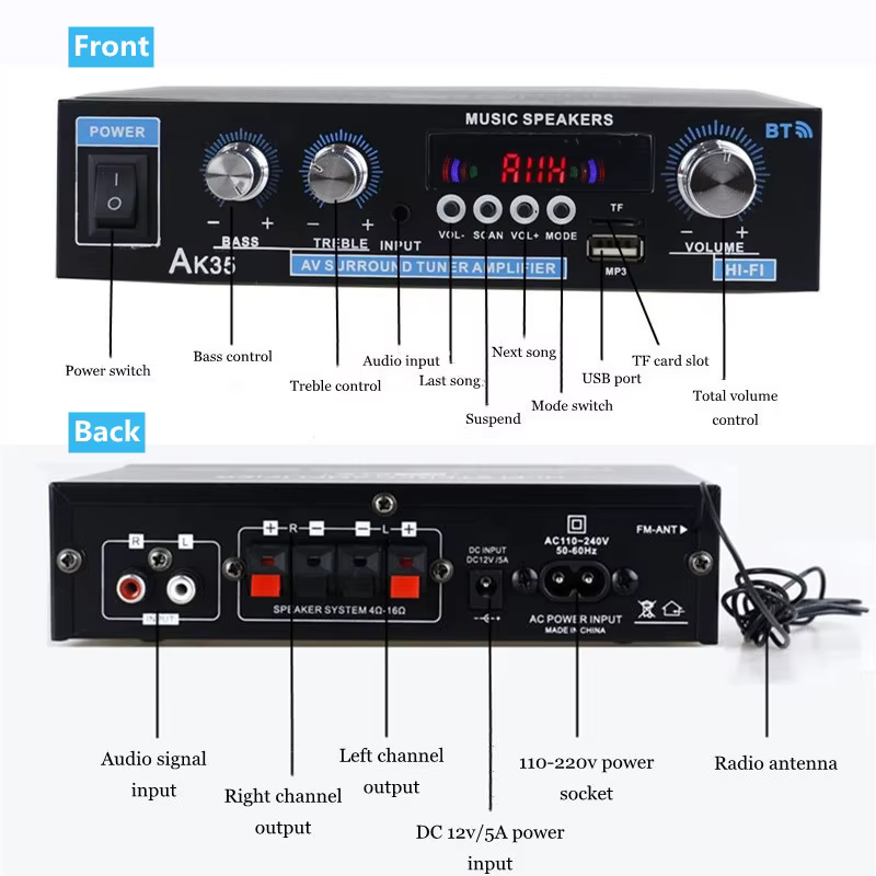 AK35/G919H Amplificador Bluetooth para Coche 1000W Dual Canales FM USB - imagen 5