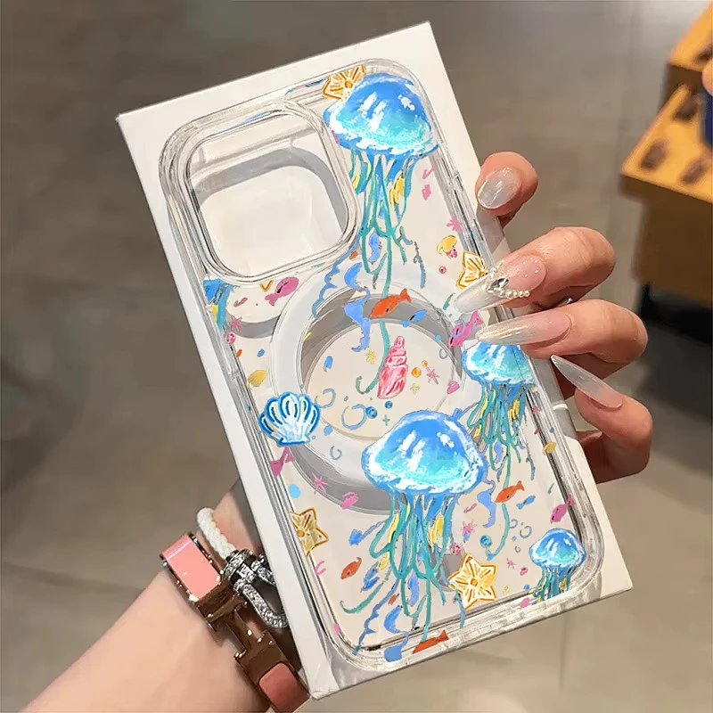 Funda transparente con carga inalámbrica MagSafe para Samsung Galaxy S25 S24 S23 S22 Ultra Plus S21 FE, bonita funda con patrón de peces y medusas