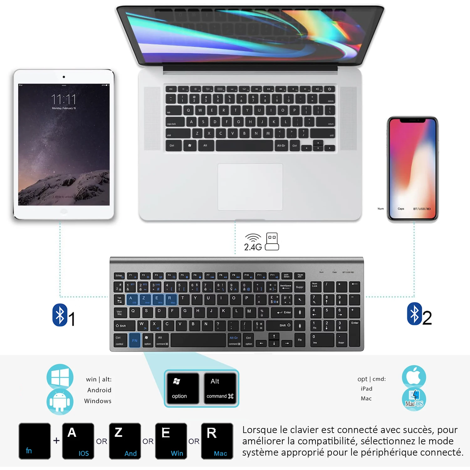 Teclado francés inalámbrico con diseño AZERTY, teclado Bluetooth ultradelgado de modo Dual de tres canales para PC, Windows, IOS, Mac y Android - imagen 4