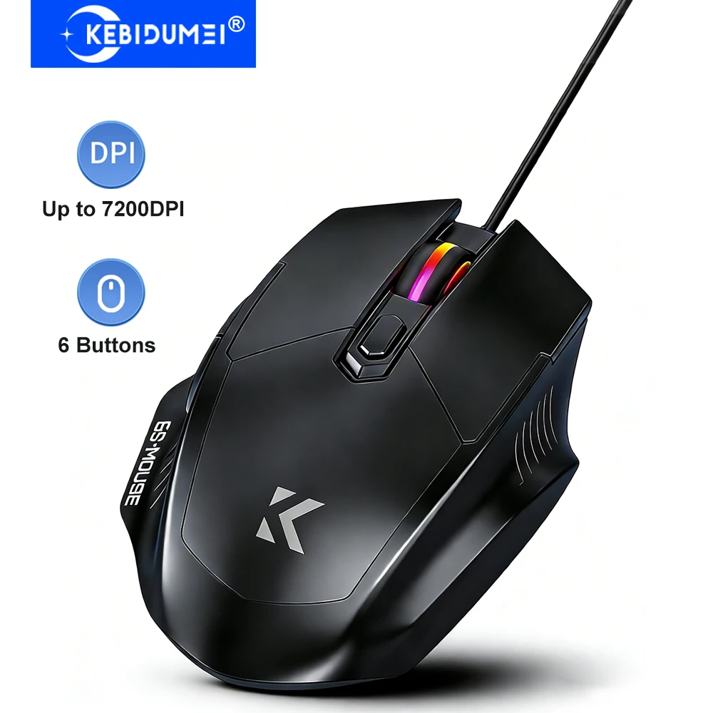 Ratón con cable KEBIDUMEI, ratón para juegos de 7200DPI, 6 botones, ratón ergonómico, ratón óptico silencioso, Plug and Play para Android, Windows, MacOS