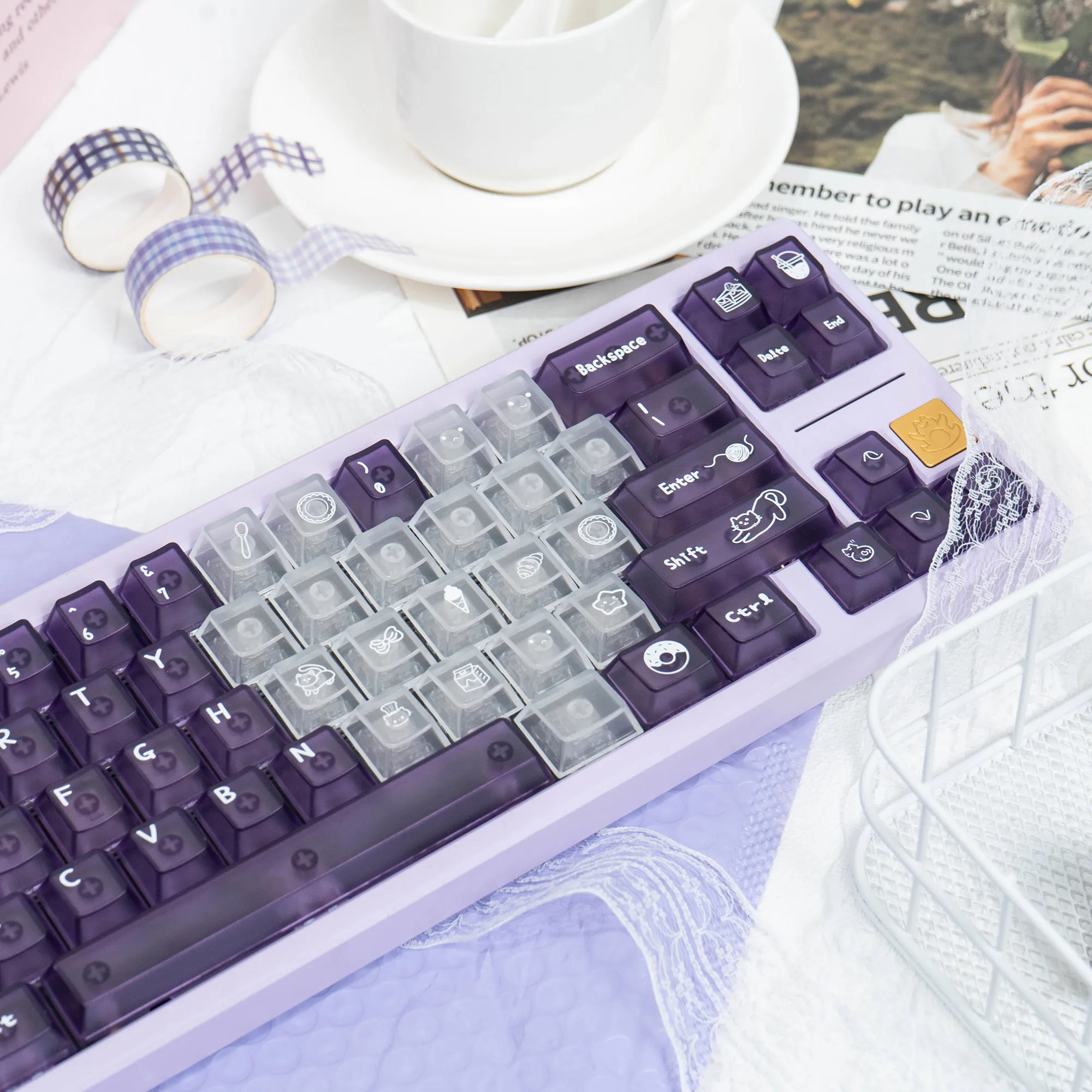 136 teclas, teclas transparentes de cristal púrpura, teclas transparentes con perfil de cereza, tapa de tecla de gato lindo para teclado mecánico MX Cherry - imagen 3