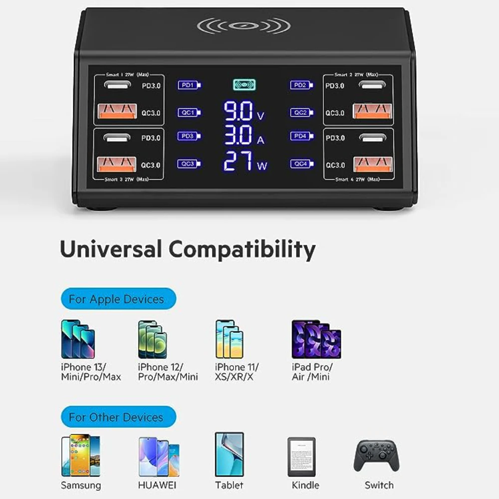 Estación de carga USB de 100W y 8 puertos con pantalla Digital de carga inalámbrica QC3.0 carga rápida para iPhone 15 14 13 Xiaomi - imagen 3
