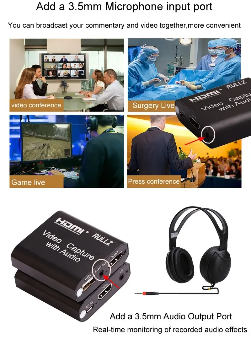 Tarjeta de captura HDMI 4K, dispositivo de grabación de juegos de 1080p, caja grabadora de vídeo USB 2,0, micrófono de bucle HD, Audio para PS3, PS4, Xbox, PC, transmisión en vivo - imagen 3
