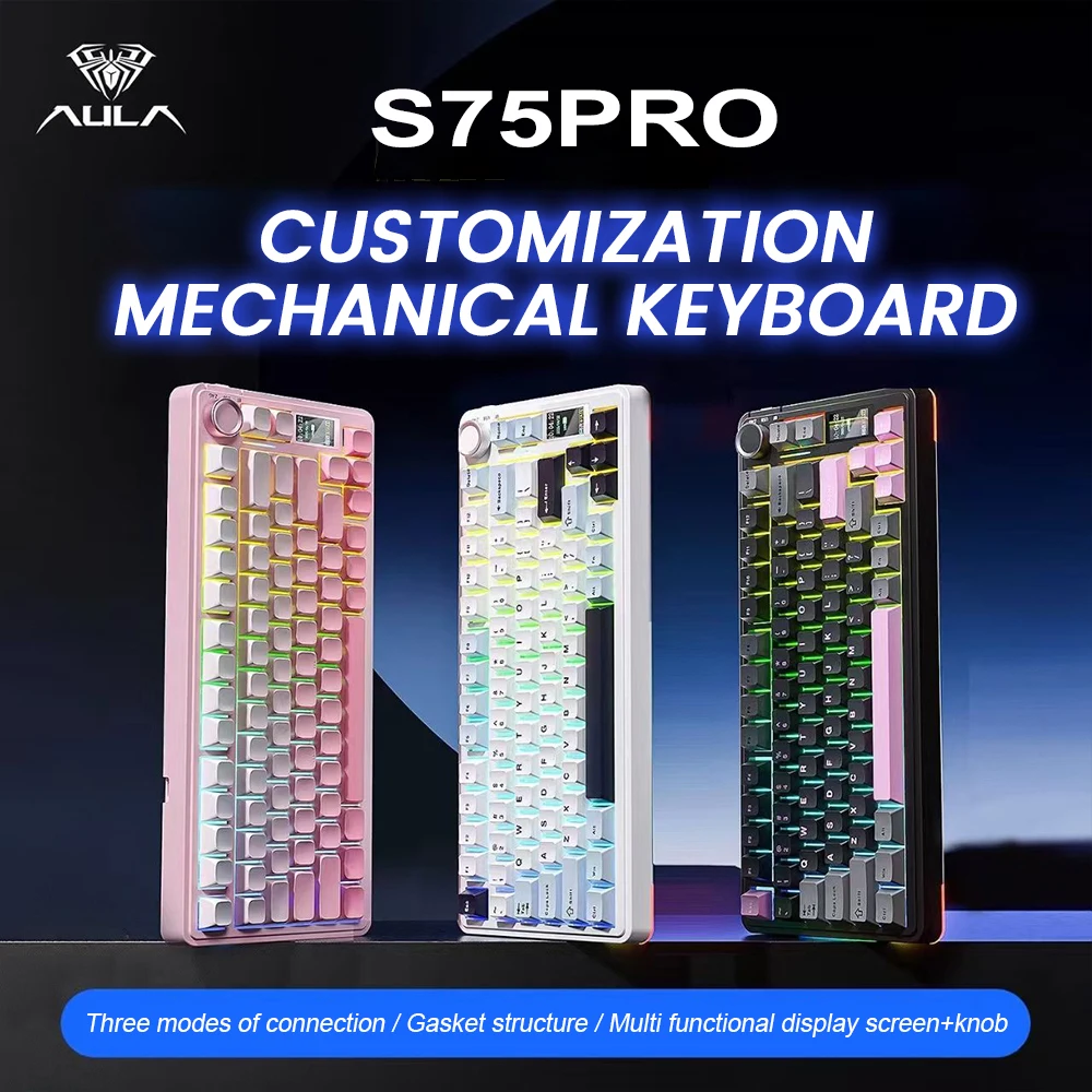 Teclado mecánico para juegos AULA S75 Pro, 75% intercambiable en caliente, retroiluminado RGB, teclas PBT de 4000mAh, teclado inalámbrico con perilla de pantalla LED