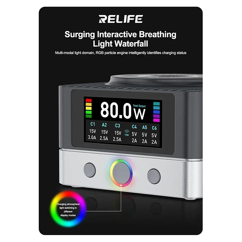 RELIFE Q7 Cargador rápido de 6 puertos de 80 W con carga inalámbrica Pantalla LCD de distribución de energía inteligente y protecciones de seguridad - imagen 5