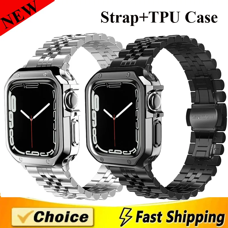 Funda protectora de TPU + correa de Metal para Apple Watch Band 45mm 44mm 41mm 40mm 38mm pulsera de acero inoxidable para iWatch 42mm 6 se 7 8 9