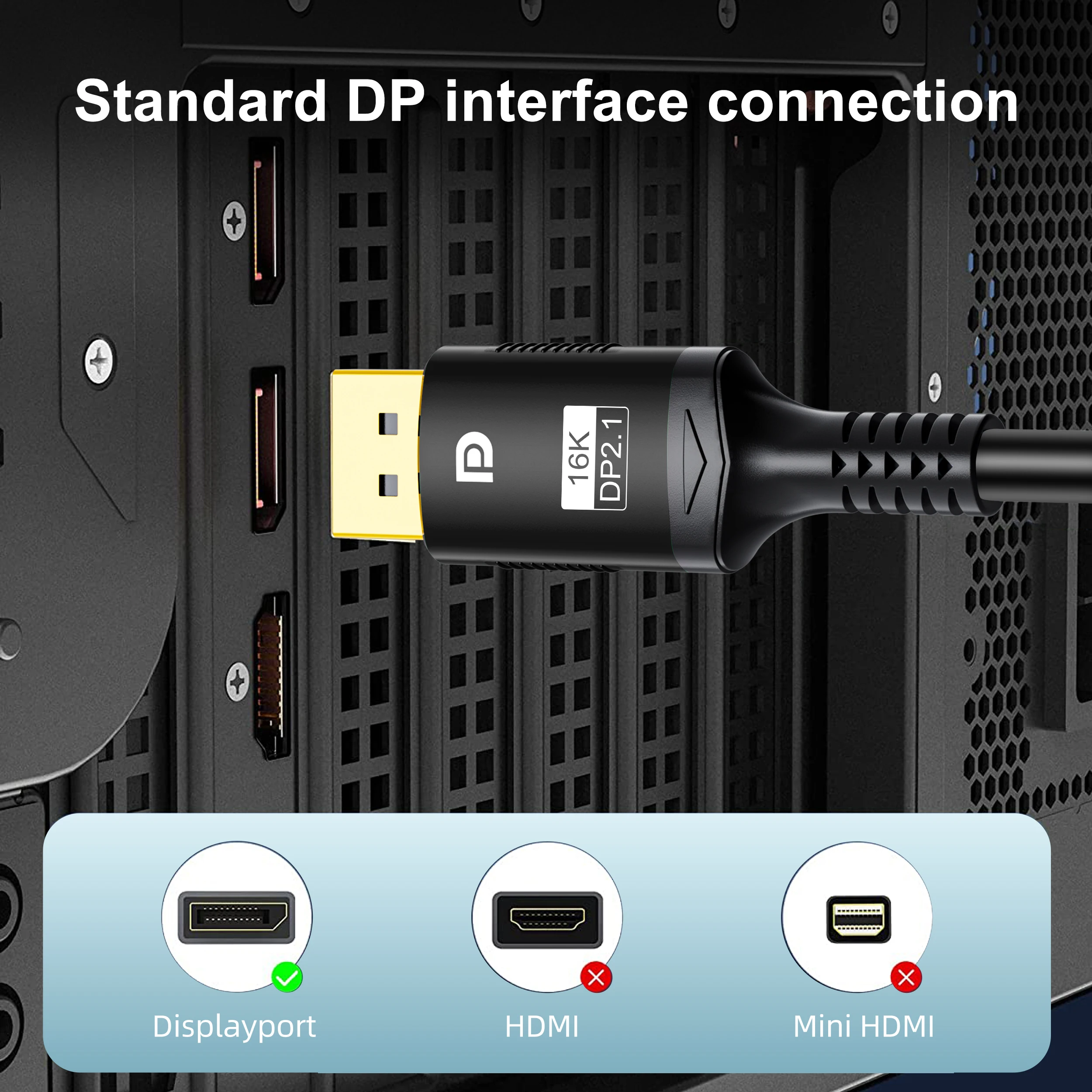 Cable DisplayPort 16K 2,1, 8K DP 2,1 DP, Cable de vídeo de 80gbps DP a DP 16K @ 30Hz 8K @ 60Hz 120Hz 4K para cajas HDTV, monitores de juegos Gr - imagen 3