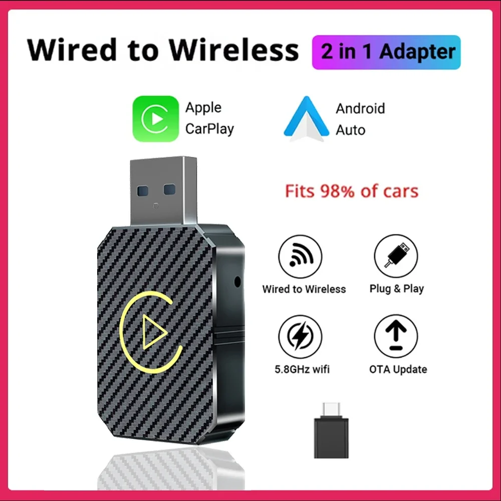 2 in 1 Wireless CarPlay Adapter&Android Mini Auto Wireless Adapter, 5Ghz WiFi Type-C/USB Plug & Play Carplay Wireless Adapter - imagen 2
