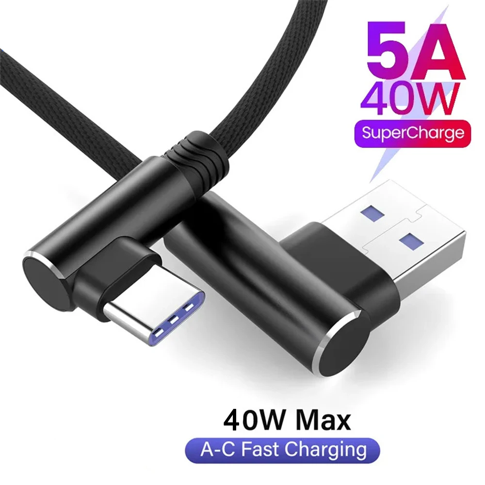 Cable USB a USB-C 40W 5A 90 ° Cable trenzado de carga rápida de codo Cable de datos de carga rápida para Xiaomi Redmi Samsung Huawei Cable de 1M