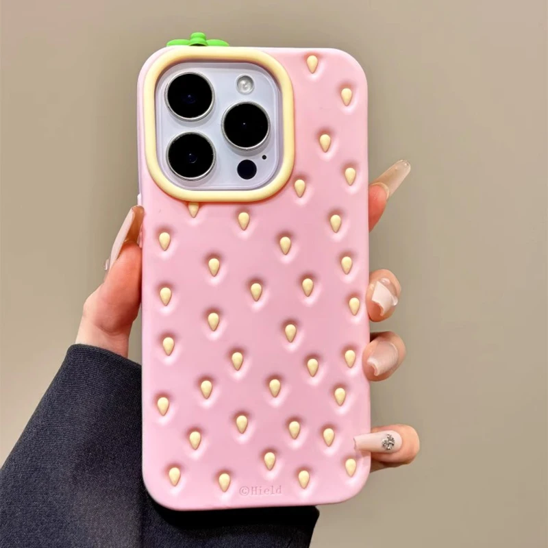 Funda de teléfono de silicona suave de fresa rosa 3D bonita a la moda para iPhone 16 15 13 14 12 Pro Max carcasa trasera a prueba de golpes - imagen 2