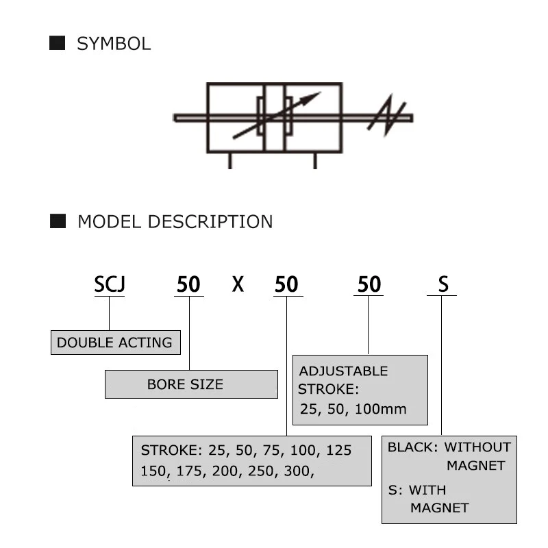 Cilindro neumático estándar de 50mm, cilindro de aire de doble acción, carrera ajustable, 0-50mm, gran empuje, SCJ50x50-50 - imagen 3