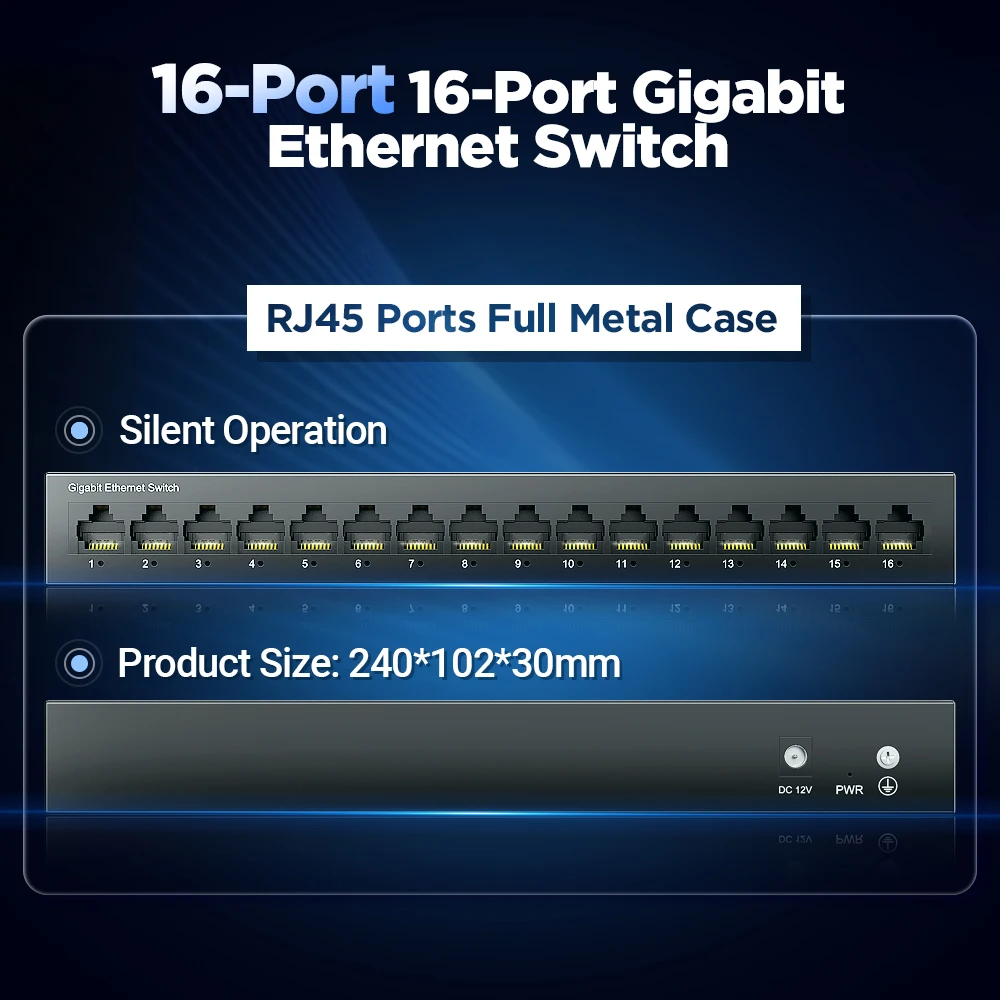Conmutador de red AMPCOM, conmutador de 16 puertos Ethernet, 1000Mbps, Gigabit, conmutador inteligente de alto rendimiento, concentrador RJ45, inyector de Internet - imagen 5