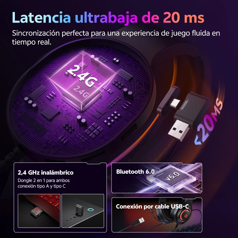 Envío desde ES/PL auriculares sobre la oreja Bluetooth 6,0 QCY V200 auriculares inalámbricos trimodos 7,1 sonido envolvente auriculares RGB para juegos - imagen 5