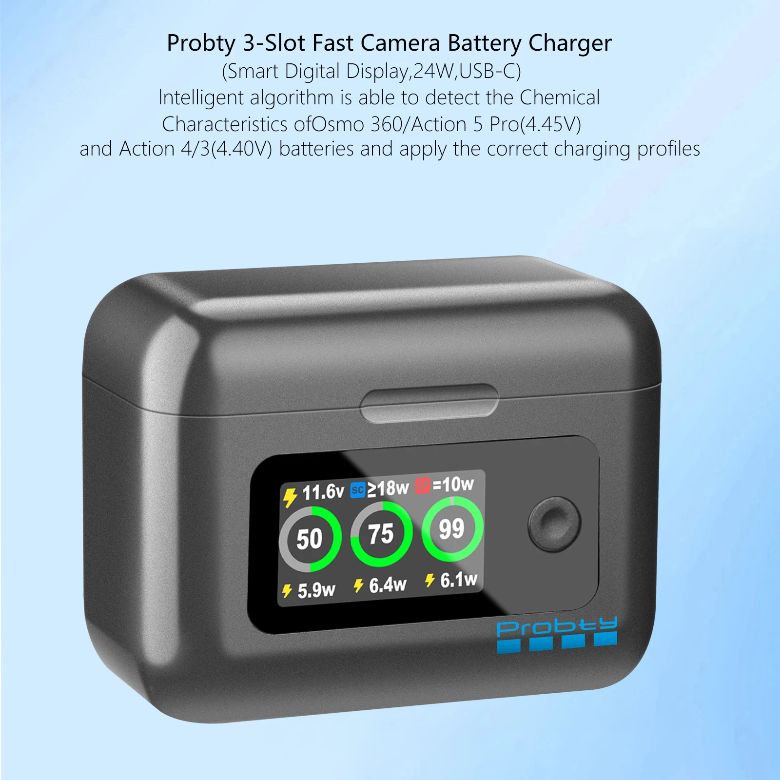 Cargador rápido PD de 24W para DJI OSMO 360 Action 6 3 ranuras caja de carga de bolsillo con pantalla LED para DJI OSMO Action 5 pro/4/3 - imagen 3