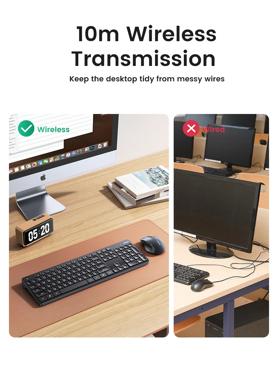 Un escritorio de computadora con un teclado y un reloj en él