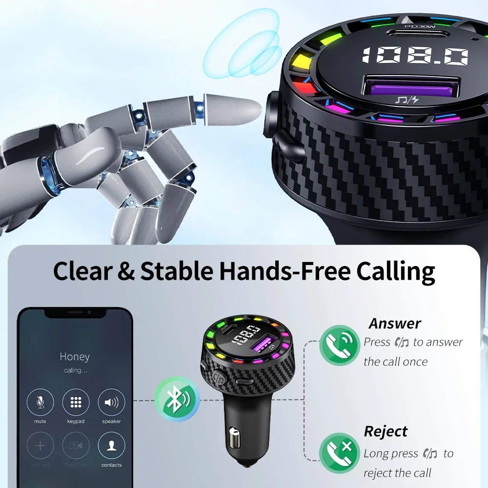 Transmisor FM Bluetooth 5,3 para coche, cargador de Audio para coche, USB Dual tipo C, cargador rápido, luz colorida, reproductor MP3 manos libres - imagen 3