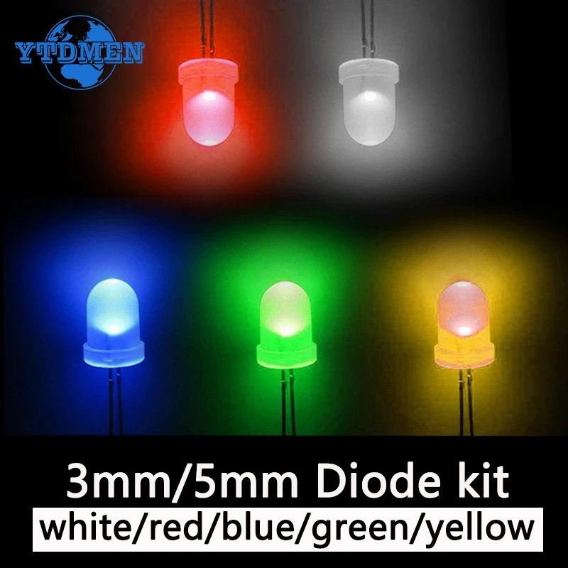 100 Uds diodo LED superbrillante 3mm 5mm F3 F5 surtido de emisores de LED blanco rojo verde azul amarillo naranja Kit electrónico DIY