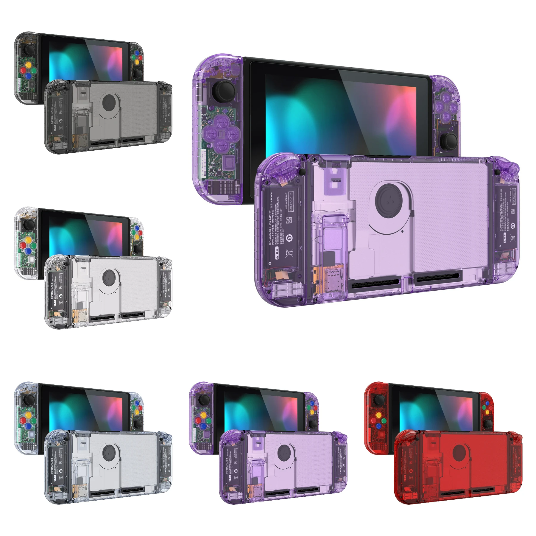eXtremeRate Carcasa trasera de repuesto DIY con botones completos para interruptor NS, soporte de empuñaduras de mano Joycon - Serie transparente