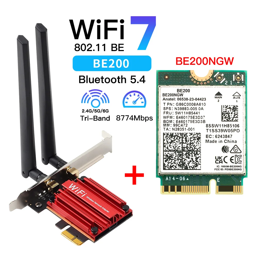 Fenvi 8774Mbps WiFi 7 para Intel BE200 Pcie adaptador inalámbrico Bluetooth 5,4 Tri Band 2,4G/5G/6G mejor que la tarjeta AX210 Wifi 6E