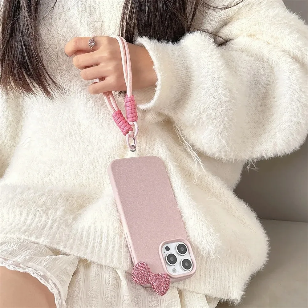 Funda de teléfono suave con patrón de Litchi y lazo de diamantes de imitación 3D para iPhone 11 12 13 14 15 16 Pro Max Plus 16E X XS XR con cubierta de cuerda con cordón - imagen 2