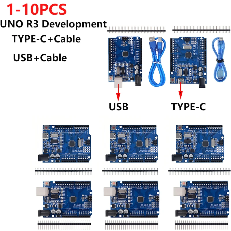 1-10 Uds UNO R3 oficial (CH340G) Chip MEGA328P para Arduino UNO R3 + CABLE USB/TYPE-C ATMEGA328P-AU Placa de desarrollo 16Mhz