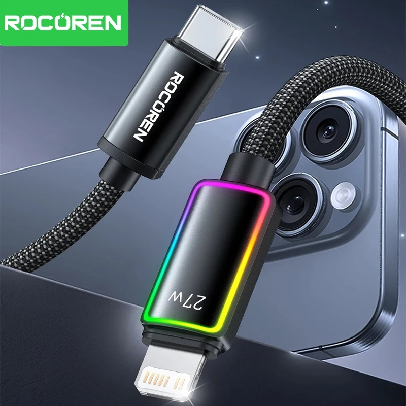 Rocoren PD 27W USB C Cable de datos de iluminación para iPhone 14 13 12 11 Pro Max carga rápida 2.4A USB2.0 Cable de datos para iPad Pro Cable