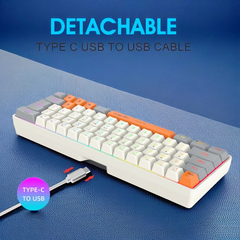 Teclado RGB USB con cable 63 teclas para jugadores, miniteclados compactos para viajes, oficina, juegos, teclado de negocios (gris y naranja) - imagen 5