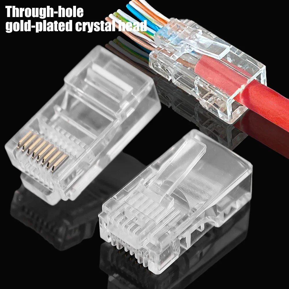 1-50 Uds conector RJ45 CAT5e CAT6 paso a través de enchufes modulares adaptador de conectores de red Ethernet chapado en oro - imagen 2