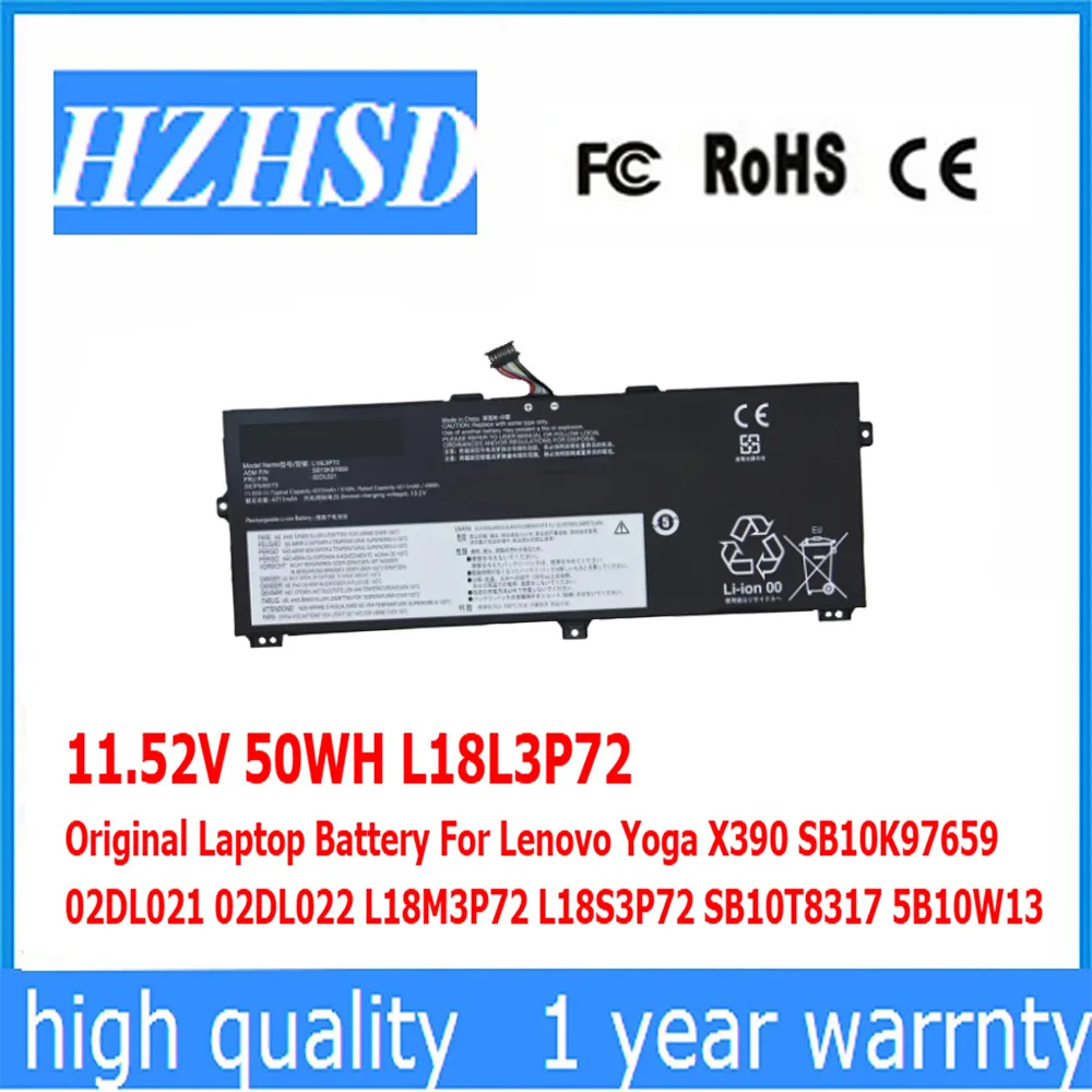 11,52 V 50WH L18L3P72 batería Original del ordenador portátil para Lenovo Yoga X390 SB10K97659 02DL021 02DL022 L18M3P72 L18S3P72 SB10T8317 5B10W13