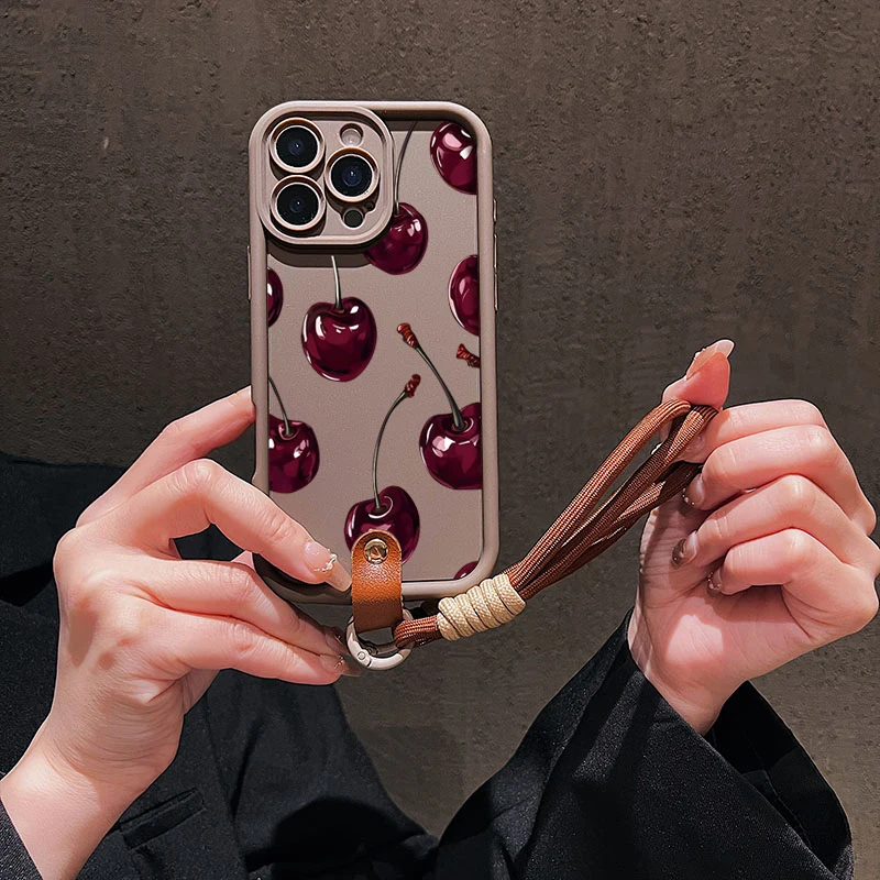 Bonita funda de teléfono con correa y cordón con estampado de cereza para iPhone 11 12 13 14 15 16 17 Pro Max 16E XS X XR 7 8 Plus, funda suave de silicona - imagen 5