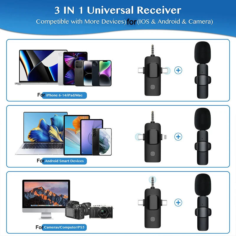 Micrófono Lavalier 3 en 1, micrófono dinámico inalámbrico, grabación de Audio y vídeo, transmisión en vivo, micrófono para juegos para cámara iOS y Android - imagen 5