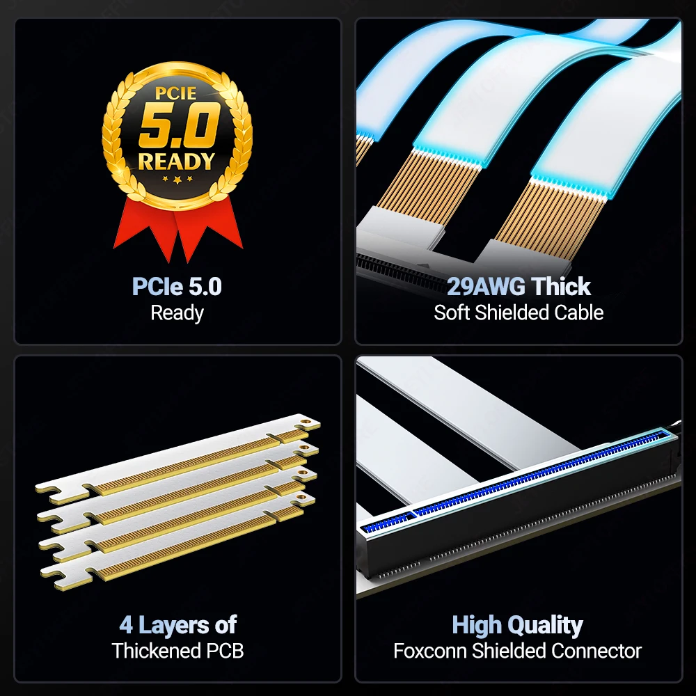 JEYI PCIe 5,0 X16 Cable elevador-Cable de extensión GPU Gen 5 para PCIe 5,0/4,0, WRX80/TRX40, RTX 4090/5090 y RX 7900 XTX 90 °   Ángulo - imagen 5