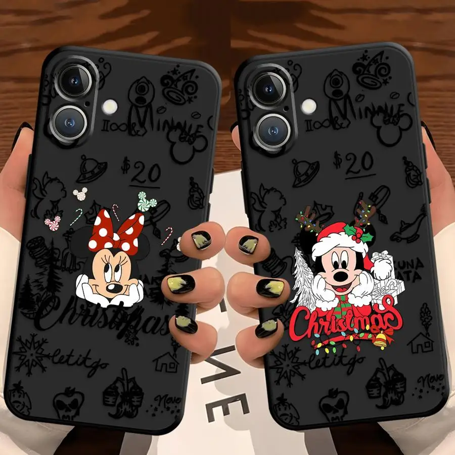 Funda de teléfono suave negra para iPhone XR 7 8 15 16 14 Plus XS Max 13 12 11 17 Pro Max 17Air dibujos animados Mickey Minnie Navidad